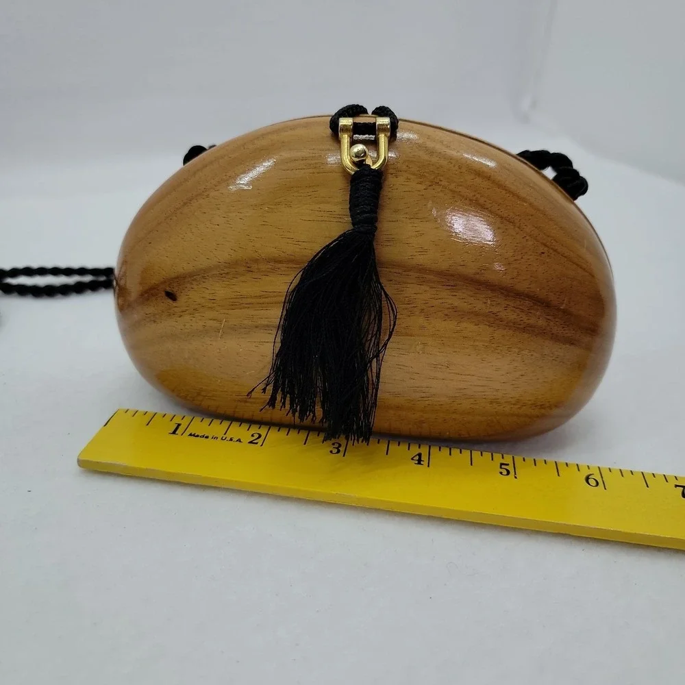 Timmy Woods Beverly Hills Handcrafted Clutch Bag Black Tassel Strap Acacia Wood